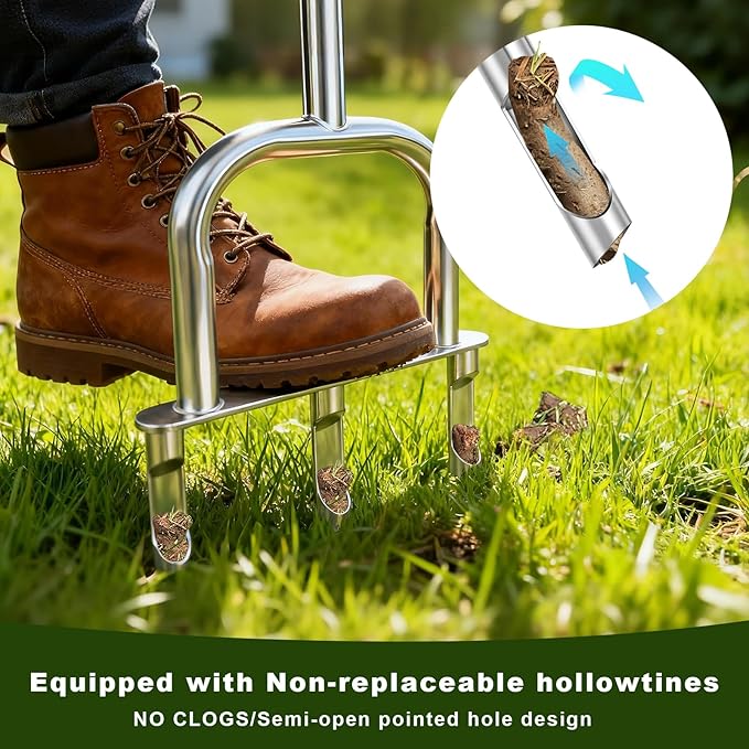 Manual Aerator Lawn Tool - Assembled Grass Aerator with 3 Hollow Tine, for Yard & Lawn Aeration(Hollow Tine Non-Replaceable)