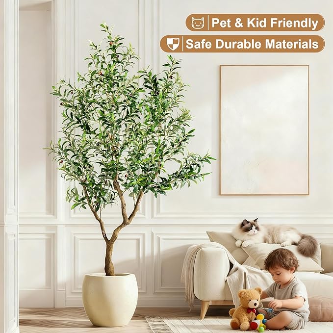 7FT Artificial Olive Tree Artificial Olive Plants, Tall Faux Olive Tree Faux Silk Plant Fake Plant Ultra-Realistic Silk Leaves & Natural Trunk Indoor Outdoor Use