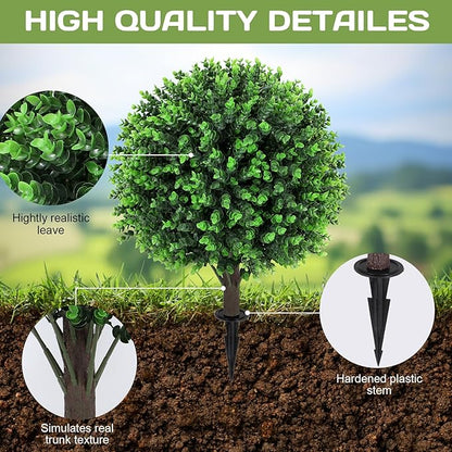 Artificial Green Eucalyptus Topiary Ball Tree 24" with Ground Spike, Set of 2 Artificial Boxwood Bushes for Faux Shrubs, Fake Evergreen Faux Plant for Indoor Outdoor Garden -UV Resistant–Fade-Proof