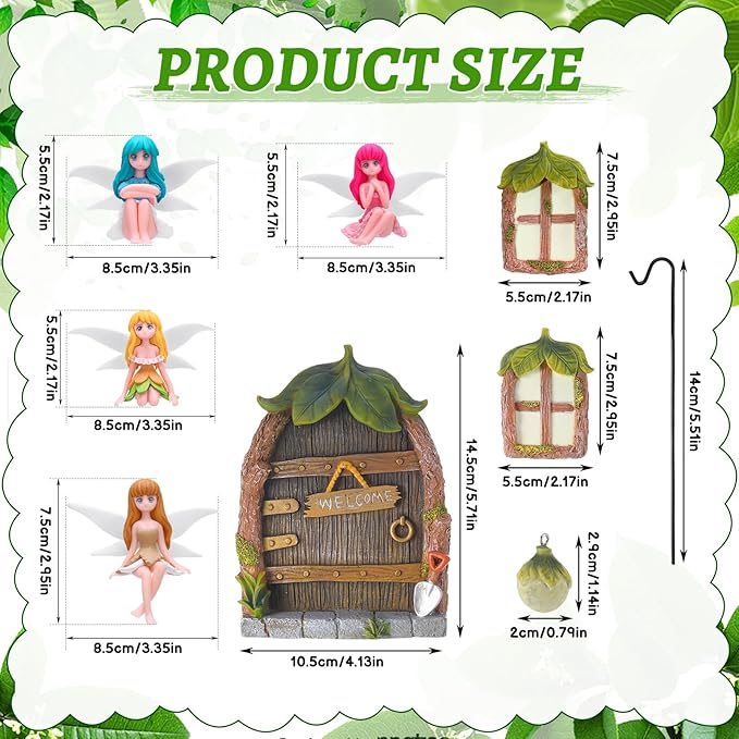 Glowing Miniature Fairy Garden Accessories, 4-Piece Miniature Fairy Figurines Glow in The Dark Fairy Door and Windows for Trees Set, Resin Light Up Sculpture Kit for Outdoor & Indoor Gardens