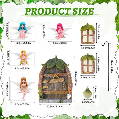 Glowing Miniature Fairy Garden Accessories, 4-Piece Miniature Fairy Figurines Glow in The Dark Fairy Door and Windows for Trees Set, Resin Light Up Sculpture Kit for Outdoor & Indoor Gardens