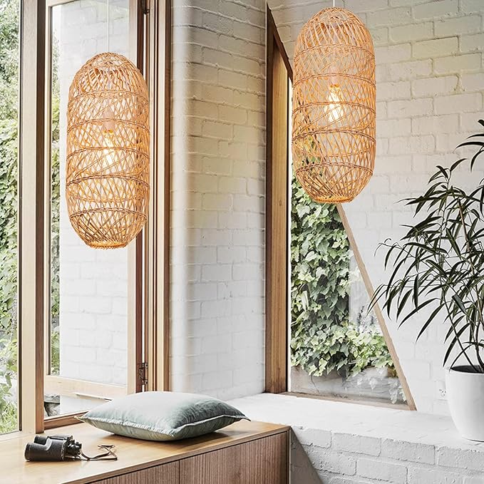 Arturesthome 1 Light Natural Rattan Pendant Light, Woven Chandelier Pendant Lamp Shade, Hanging Ceiling Light, Handmade Lampshade for Bar Hallway D 9.8"* 23.2"