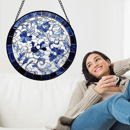 Stained Glass Window Hanging, Blue and White Abstract Flowers Sun Catcher for Door Home Decor Suncatcher Christmas Mother's Day Birthday Gifts for Women Men Mom and Nana 9.8 in