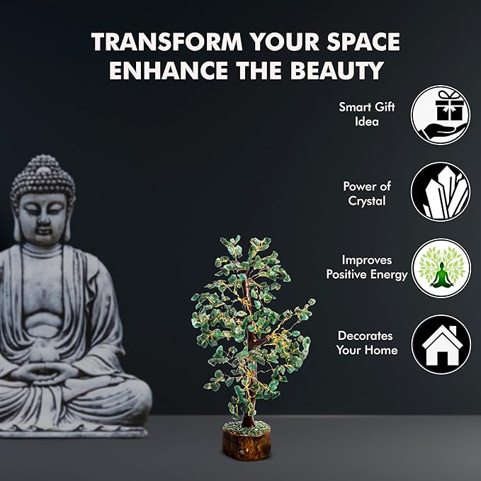 Wonder Care Green Jade Crystal Tree for Positive Energy Home Decorations with M-Seal & Golden Wire | Fortune Tree | Crystal Decor | Chakra Tree | Feng Shui Decor (300 Beads)