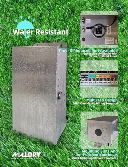 MALORY 600W Low Voltage Transformer with Timer & Photocell for Landscape Lighting,120V AC to 12/13/14/15/16/17/18/22V Multi-Tap Power Supply for Outdoor Landscape Lights,Yard Lights,Garden Lights