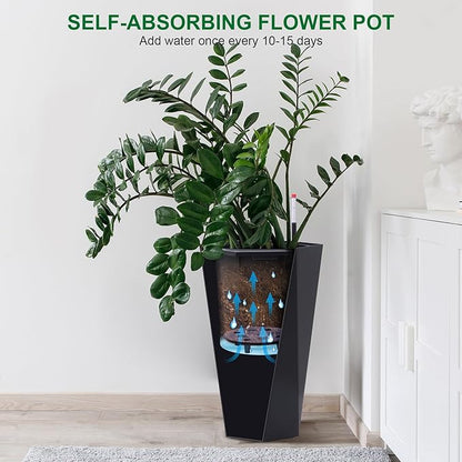 22.4 Inch Tall Planters for Outdoor Indoor Plants Set of 2, Tapered Large Flower Pots with 2 Trays and a Water Level Monitor with Wheels Planter Pots, Plant Pot for Patio, Balcony, Lounge