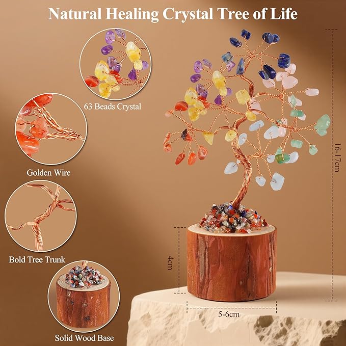 Crystal Tree of Life, Healing Crystal Trees with 63 Beads Chakra Stones, Handmade 7 Chakra Tree for Home Office Desk Crystal Decor, Good Luck Birthday Gifts for Women, Mom
