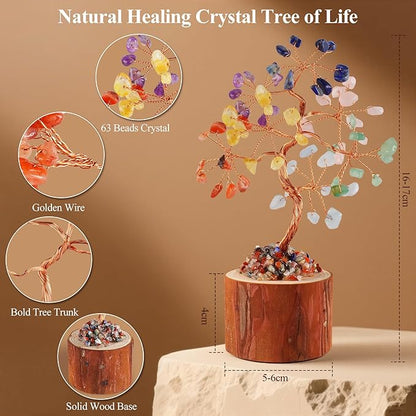 Crystal Tree of Life, Healing Crystal Trees with 63 Beads Chakra Stones, Handmade 7 Chakra Tree for Home Office Desk Crystal Decor, Good Luck Birthday Gifts for Women, Mom