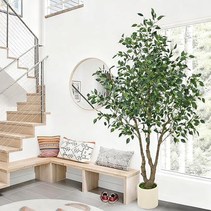 Artificial Ficus Tree 6.5ft - Tall Fake Indoor Tree with Dense Leaves and Realistic Trunks, 78" Faux Tropical Plant Artificial Floor Potted Trees for Home Living Room Office Porch Outdoor Decor