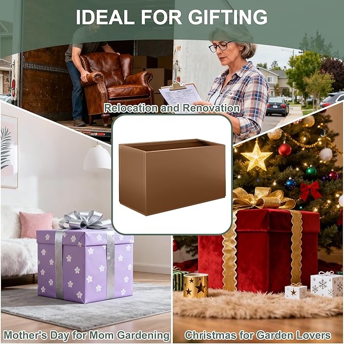 Large Metal Planter Box for Indoor & Outdoor Plants, Flowers, Rectangular Planters with Drainage Holes for Patio, Front Porch, All-Weather Use (32" L x 10" W x 16" H, Brown)