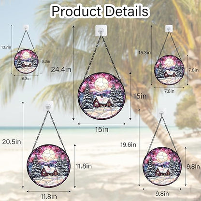 Stained Glass Window Hanging - Winter Snow Scene Cabin Moon Sun Catcher for Door Garden Home Decor Pine Tree Suncatcher Christmas Mother's Day Birthday Gifts for Women Men Mom Nana 15 in