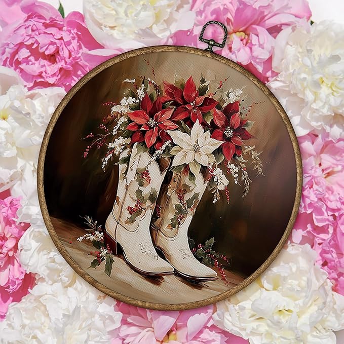 TLESKE Christmas Western Cowgirl Floral Round Wall Art Decor Framed 10x10, Preppy Cowgirl Boot Canvas Wall Art Prints Artwork, Winter Cowboy Hanging Wall Picture Room Decor for Bedroom Living Room