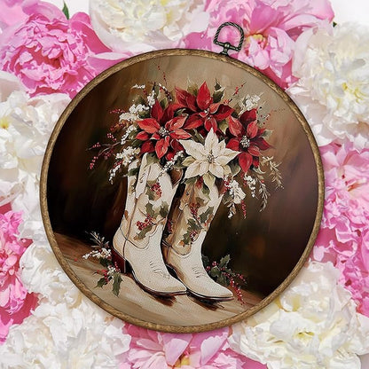 TLESKE Christmas Western Cowgirl Floral Round Wall Art Decor Framed 10x10, Preppy Cowgirl Boot Canvas Wall Art Prints Artwork, Winter Cowboy Hanging Wall Picture Room Decor for Bedroom Living Room
