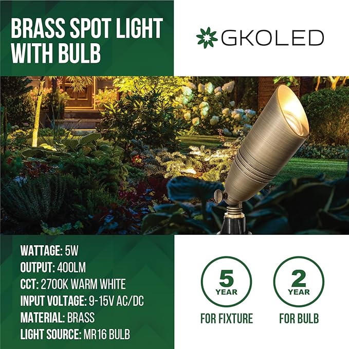 GKOLED Brass LED Outdoor Landscape Spotlights, 12V Low Voltage Spot Light, Waterproof Landscape Lights, Uplighting for Garden, Tree, Yard, Antique Bronze Accent Lighting Fixture with MR16 Bulb