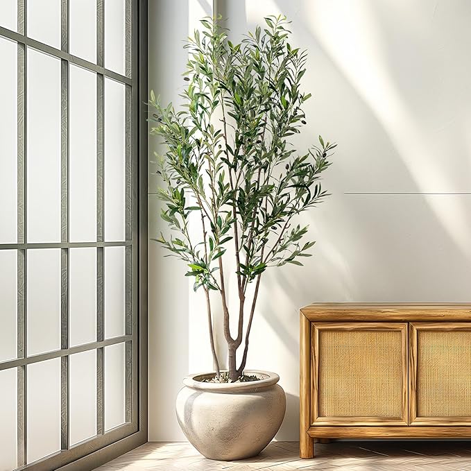 7FT Artificial Olive Tree Tall Faux Silk Plant Tall Faux Olive Tree with Natural Wood Trunk & Lifelike Fruits Fake Potted Tree or Home Office Decor
