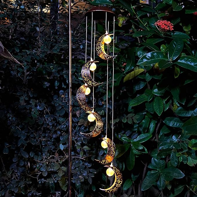 Tryme Solar Moon Wind Chimes Outdoor Solar Lights Windchimes Waterproof Hanging Decorations Gifts for Garden Patio Birthday Thanksgiving Home Party