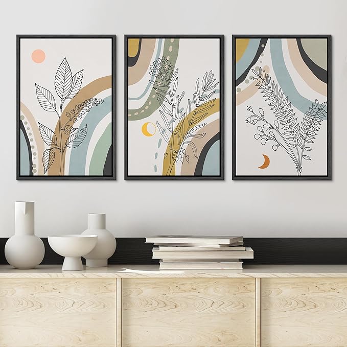 Ashbrook Framed Wall Art Print Set 1960s Retro Floral Forest Plant Silhouettes Abstract Nature Illustrations Modern Art Boho Colorful for Living Room, Bedroom, Office - 24"x36"x3 BLACK