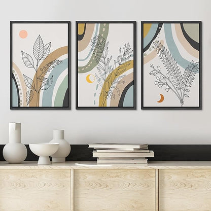 Ashbrook Framed Wall Art Print Set 1960s Retro Floral Forest Plant Silhouettes Abstract Nature Illustrations Modern Art Boho Colorful for Living Room, Bedroom, Office - 24"x36"x3 BLACK