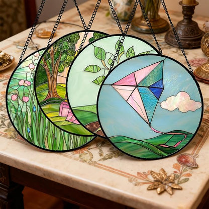 Stained Glass Window Hanging 4 Pcs Set Pink Green Spring Saplings Flowers 9.8" - Suncatcher Door Garden Sun Catcher Home Decor Mother's Day for Woman Nana Mom Men