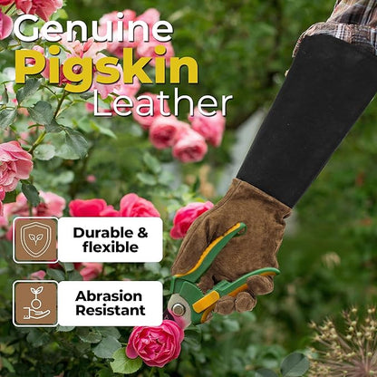HANDLANDY Long Gardening Gloves for Men & Women, Pigskin Leather Rose Pruning Gloves, Breathable Thorn Proof Gauntlet Glove (Brown-Pigskin, L)