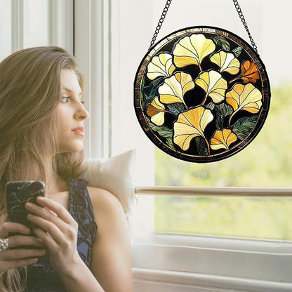 Stained Glass Window Hanging - Ginkgo Leaf Suncatcher for Doors Garden Patio Retro Fall Decor Sun Catchers Christmas Mother's Day Birthday Gifts for Women Men Mom Nana Friend 6.3 in