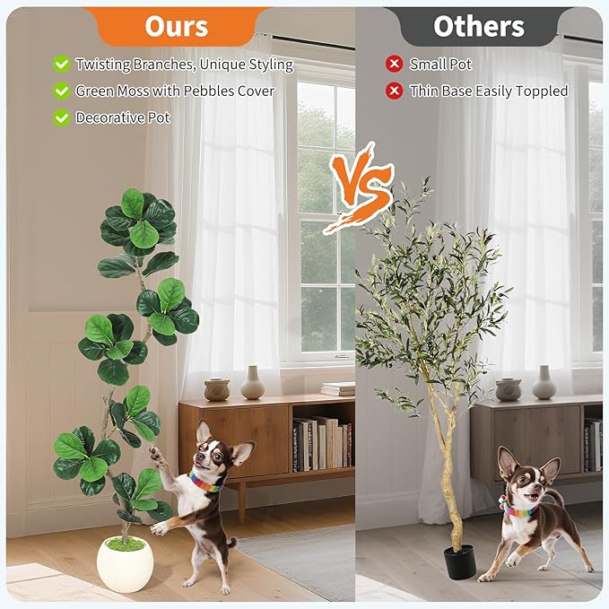 GarveeHome Fiddle Leaf Fig Artificial Tree with White Planter,6 ft Faux Plants Indoor with Moss, Fake Rubber Tall Fake Floor Plant in Pot - Artificial Trees for Home Office Living Room Decor