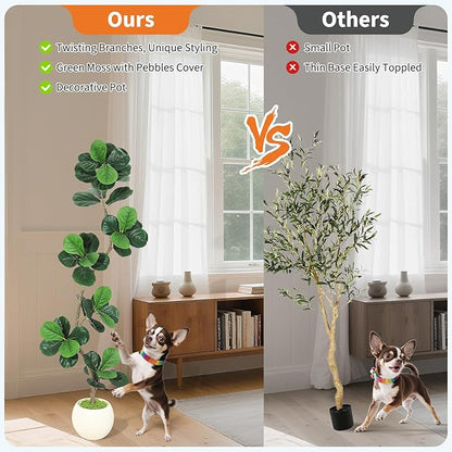 6ft Artificial Fiddle Leaf Fig Tree, Tall Fake Plants with White Planters, Artificial Plants Indoor with Realistic Moss for Home Decor Office Living Room