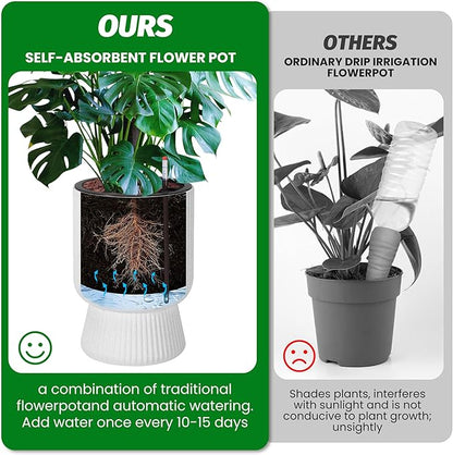 14.2" Tall Planters Set of 2, Plant Pots, Self Watering Pots for Indoor Plants, Flower Pots With Built-In Drainage and a Water Level Monitor, for Patio, Porch, Living Room, or Office, Marble White
