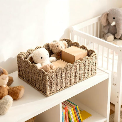 Scalloped Basket, Wicker Storage Baskets, Hand Woven Baskets for Shelves,Natural Baskets for Organizing (M-14" L x 10.5" W x 6" H-Seagrass)