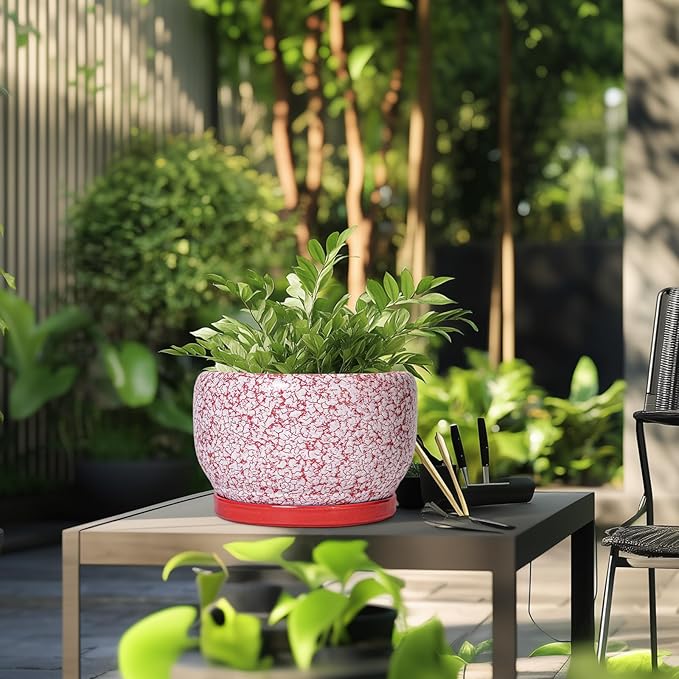 SQOWL Ceramic Planters for Indoor Plants - 10 Inch Flower Pots with Drainage Hole and Saucer, Decorative Ceramic Plant Pots, Round Large Planter Outdoor, Room Decor, Housewarming Gifts, Red and White