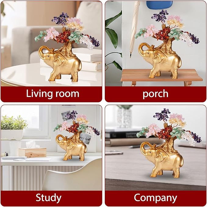 7 Chakra Crystal Money Tree on Gold Mini Elephant Statue, 10”Gemstone Bonsai Tree of Life Home Décor Gifts for Wealth Positive Energy, Feng Shui Décor