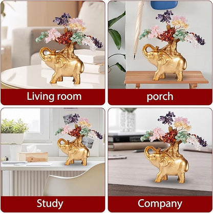 7 Chakra Crystal Money Tree on Gold Mini Elephant Statue, 10”Gemstone Bonsai Tree of Life Home Décor Gifts for Wealth Positive Energy, Feng Shui Décor