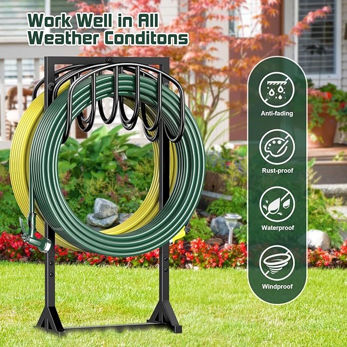 Garden Hose Holder Freestanding, Water Hose Holders for Outside with 4 Spikes, Hose Reels Double-Sided Heavy Duty Metal Hose Stand Holds 150ft Hose, Garden Hose Storage Rack for Outside Yard Lawn