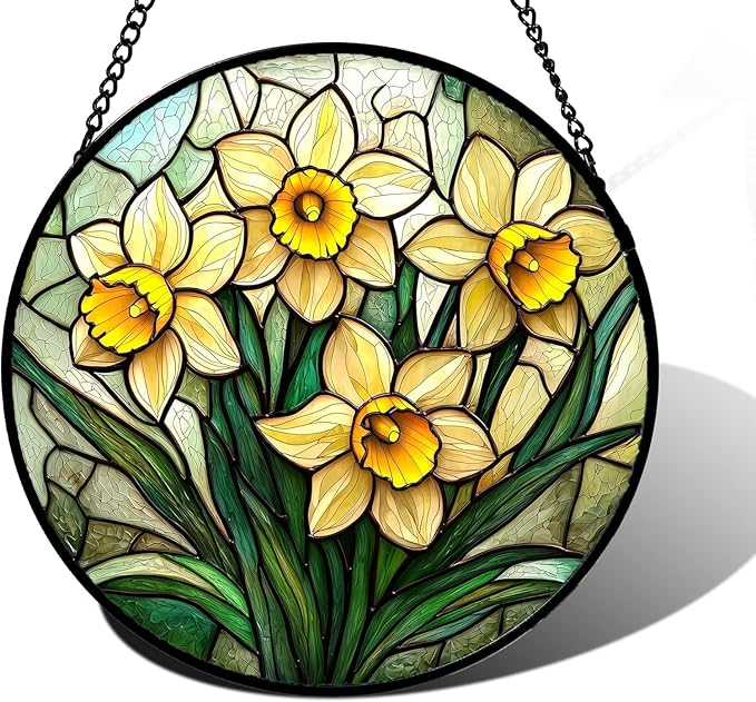 Yellows Daffodils Green Plants Suncatcher 7.8" - HD UV Print Stained Glass Window Hanging Sun Catcher Door Garden Home Decor Birthday Mother's Day for Mom Men Woman Nana