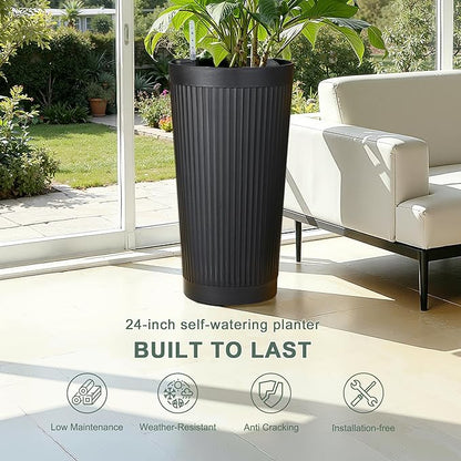 Self Watering Tall Planters for Outdoor Plants, 24” Set of 2 Large Flower Pots with Drainage Hole, Modern Plastic Black Planter for Indoor, Patio, Balcony (Ribbed)