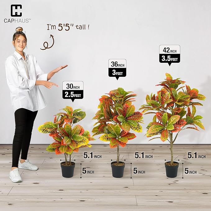 CAPHAUS 42 Inch Artificial Croton Tree Potted Plant - Realistic Faux Tropical Plant with UV Resistance, Low Maintenance Indoor Outdoor Decor for Front Porch, Patio, Houseplant