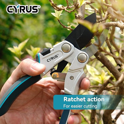 CYRUS Pruning Garden Shears with Ratchet labor-saving Lever, Carbon Steel Non-Stick Blade, Aluminum Handle & Safety Lock, Sharp Flower Scissors for Trimming Branches Up to 0.9 Inch