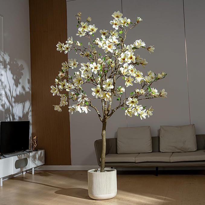 Artificial Trees Cherry Blossom Tall Fake Magnolia Flower Tree Floor plantas Indoor Outdoor Realistic for Home Living Room Office Porch Outside Patio arboles para decoracion Housewarming Gift