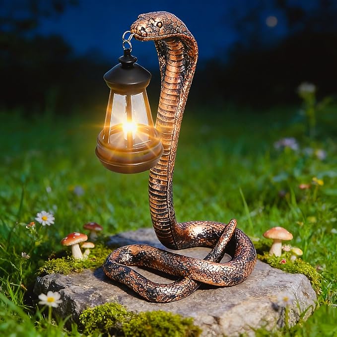 Solar Garden Outdoor Statues Snake with Solar Lights Outdoor Chrismtas Decorations - Lawn Decor Snake Statue for Patio, Balcony, Yard Ornament - Unique Housewarming Gifts（11.22" Brass Color
