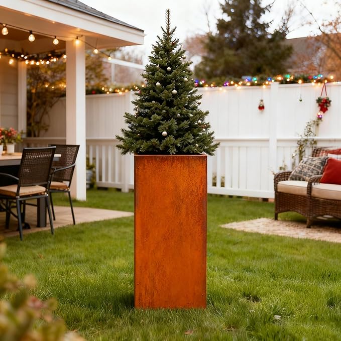 Corten Steel Metallic Heavy Planter for Outdoor Plants 14"x14"x30" Metal Planter Spliced Flower Pot with Partitions for Outside,Indoor,Garden (Corten, 14 * 14 * 30)