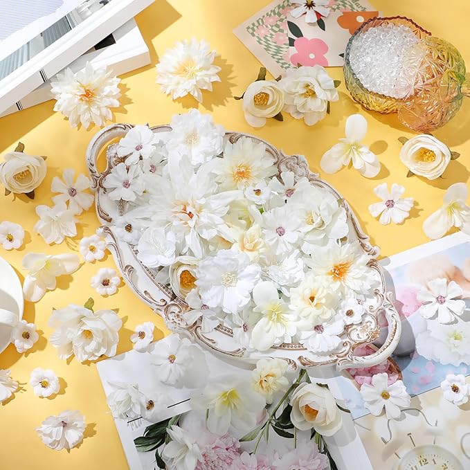 80 Pcs Assorted Fake Flower Heads Mini Artificial Flower Heads Bulk Silk Faux Daisy for Crafts Fake Peony Rose for Wedding Party Wreath Home Decoration(White)