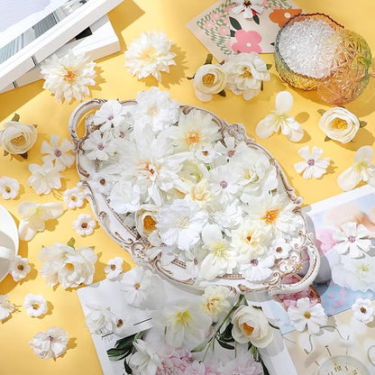 80 Pcs Assorted Fake Flower Heads Mini Artificial Flower Heads Bulk Silk Faux Daisy for Crafts Fake Peony Rose for Wedding Party Wreath Home Decoration(White)