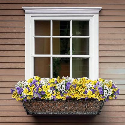 18 Bundles Artificial Flowers for Outdoor, UV Resistant Fake Pansy Flowers, Silk Faux Fowers for Outdoor Planters Home Garden Office Patio Front (Yellow/Purple/White)