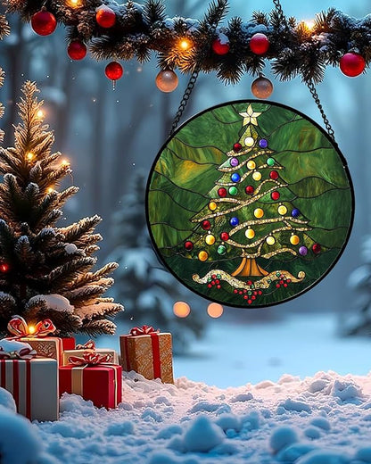 Stained Glass Window Hanging - Green Christmas Tree with Colorful Lights Suncatcher for Doors Home Christmas Decoration Sun Catcher Thanksgiving New Year Birthday Gifts for Women Men Mom Nana 7.8 in