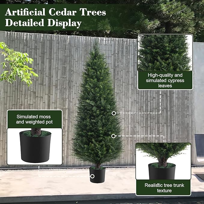 Two 6ft Artificial Plants Topairy Faux Cedar Trees for Outdoor Planters, 72IN Tall Fake Pine Bushes UV Resistant Large Potted Shrubs for Front Porch Décor