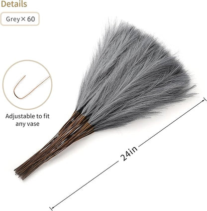60pcs Grey Pampas Grass Decor - 24 Inch Long Faux Pampas Grass Decor, Artificial Pampas Feather for Vase Filler, Wedding, Party, Office and Home Decor (Grey)