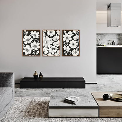 HLNIUC Abstract Black and White Framed Canvas Wall Art,White Flower Plant Poster,Modern Minimalist Floral Painting,Daisy Floral Canvas Art Print for Living Room Bedroom Office-16 x24 x3