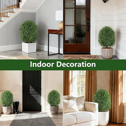 INSPRING 27'' Artificial Boxwood Topiary Trees Outdoor Fake Bushes Plants UV Resistant Evergreen Shrubs with Metal Ground Spike for Porch Patio Garden, 1 Pack
