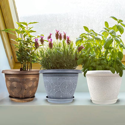 8 Inch Flower Pots Planters for Indoor Outdoor Plants, 4 Pack Plastic Small Plant Pots with Drainage Hole & Tray, Modern Decorative Garden Pot with Saucer, Plant Container for House