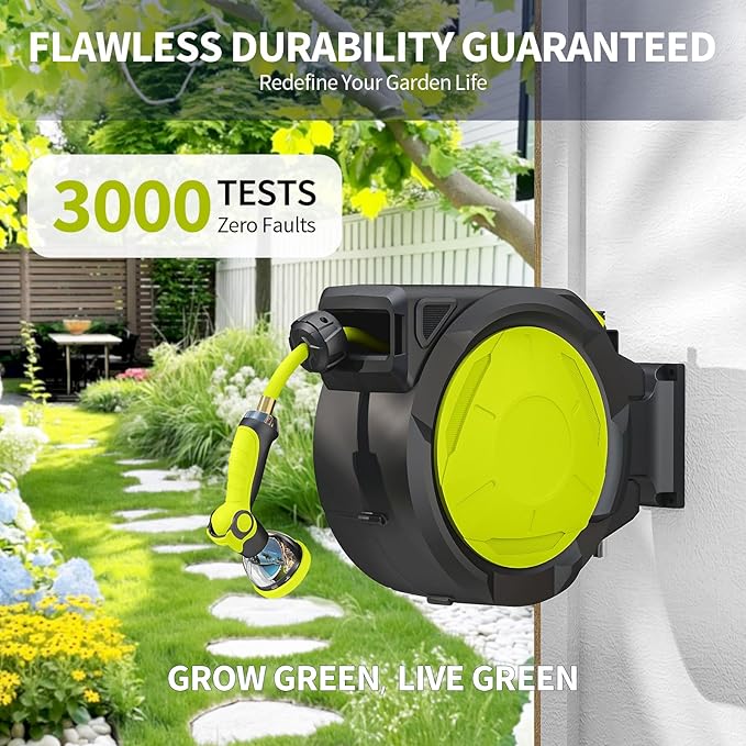 Retractable Garden Hose Reel 65ft Heavy Duty Wall Mounted Hose Holder with Automatic Rewind 180 Degree Swivel Bracket 10 Pattern Nozzle Durable PVC Hose for Yard Lawn Car Watering Cleaning